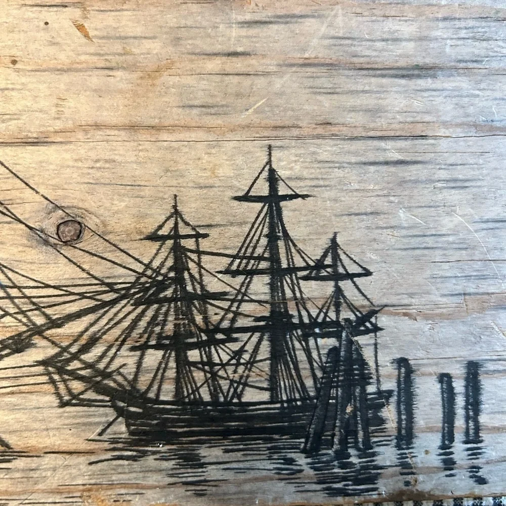 Wooden Plaque with Ship Ink Illustration